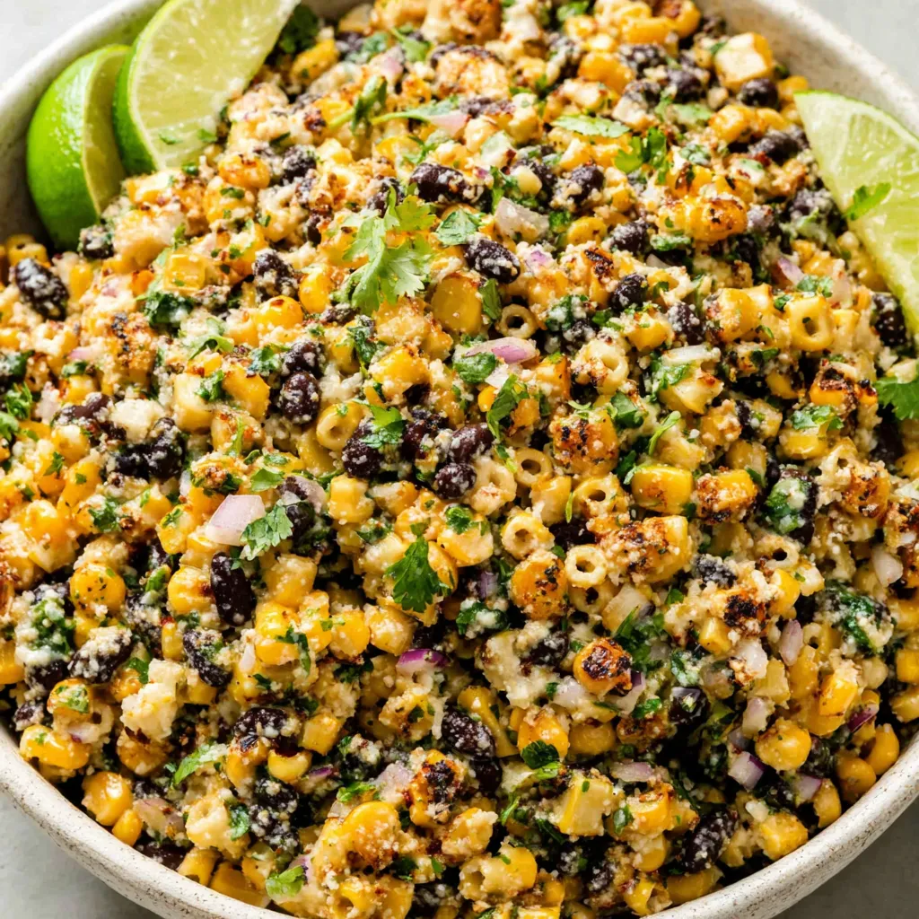 Mexican Street Corn Pasta Salad Recipe A close-up view showcases the vibrant colors and textures of a freshly made Mexican Street Corn Pasta Salad.