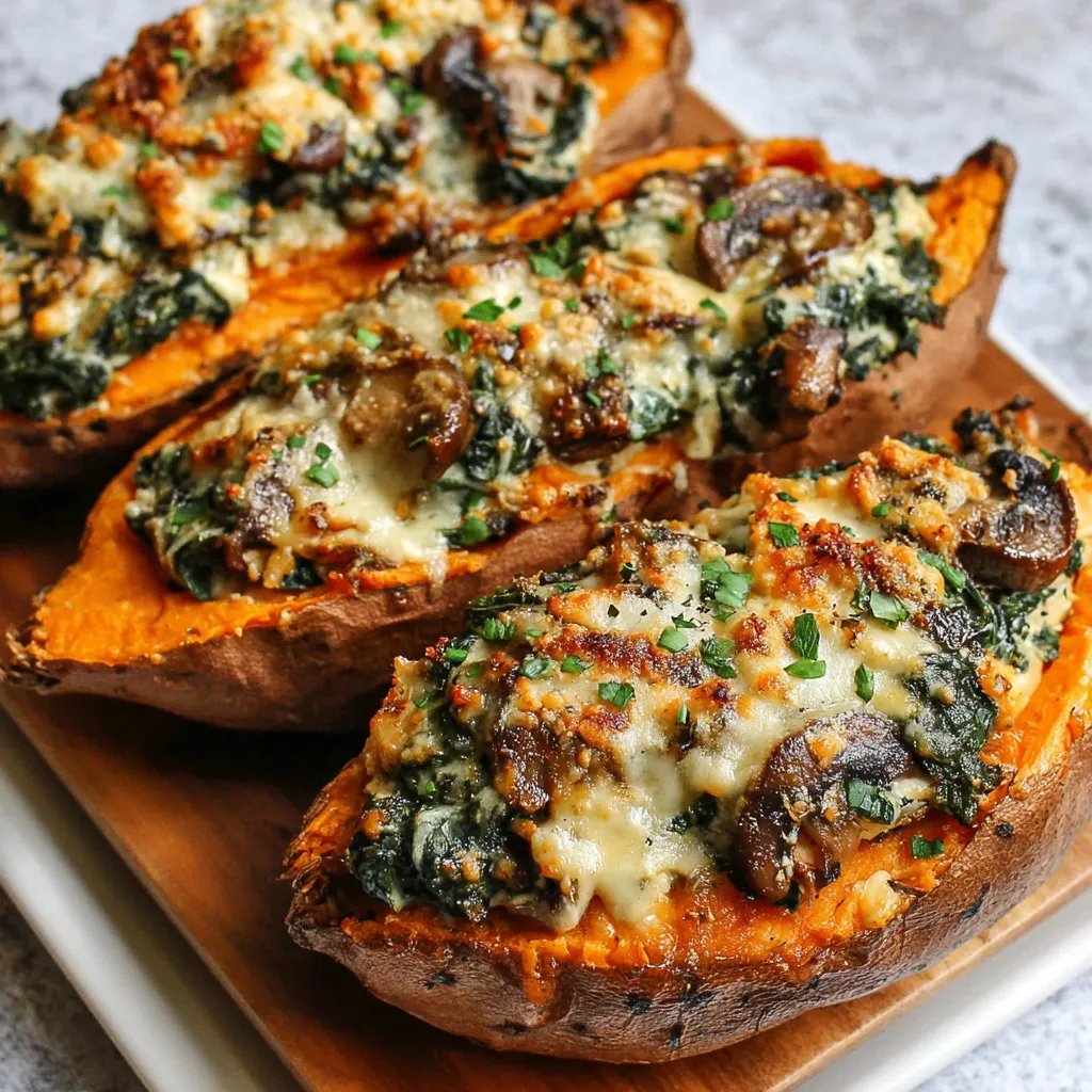 Stuffed Sweet Potatoes with Spinach & Mushrooms Close-up showing the savory filling of Mushroom Spinach Stuffed Sweet Potatoes, highlighting the earthy mushrooms and vibrant spinach.