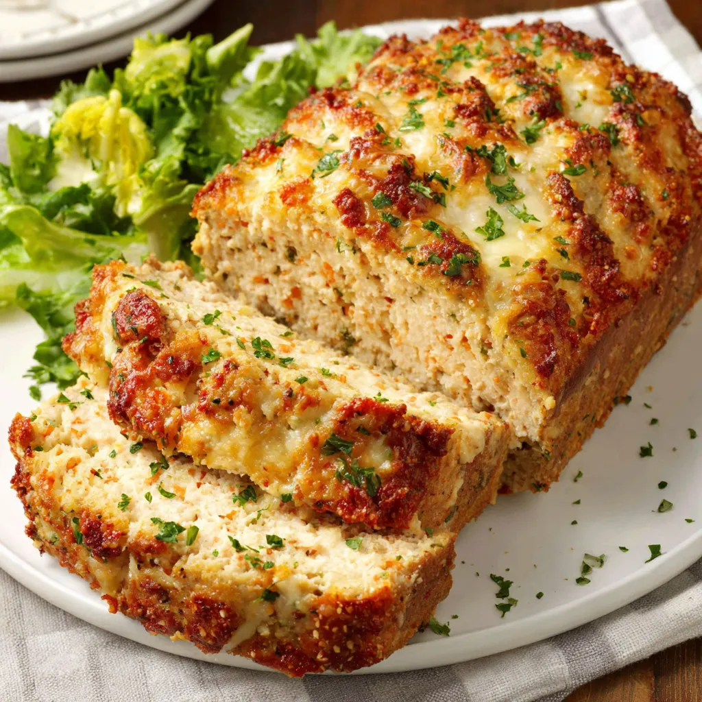 Parmesan Chicken Meatloaf Recipe A close-up shot displays a cooked Parmesan Chicken Meatloaf, showcasing its texture and golden-brown crust.