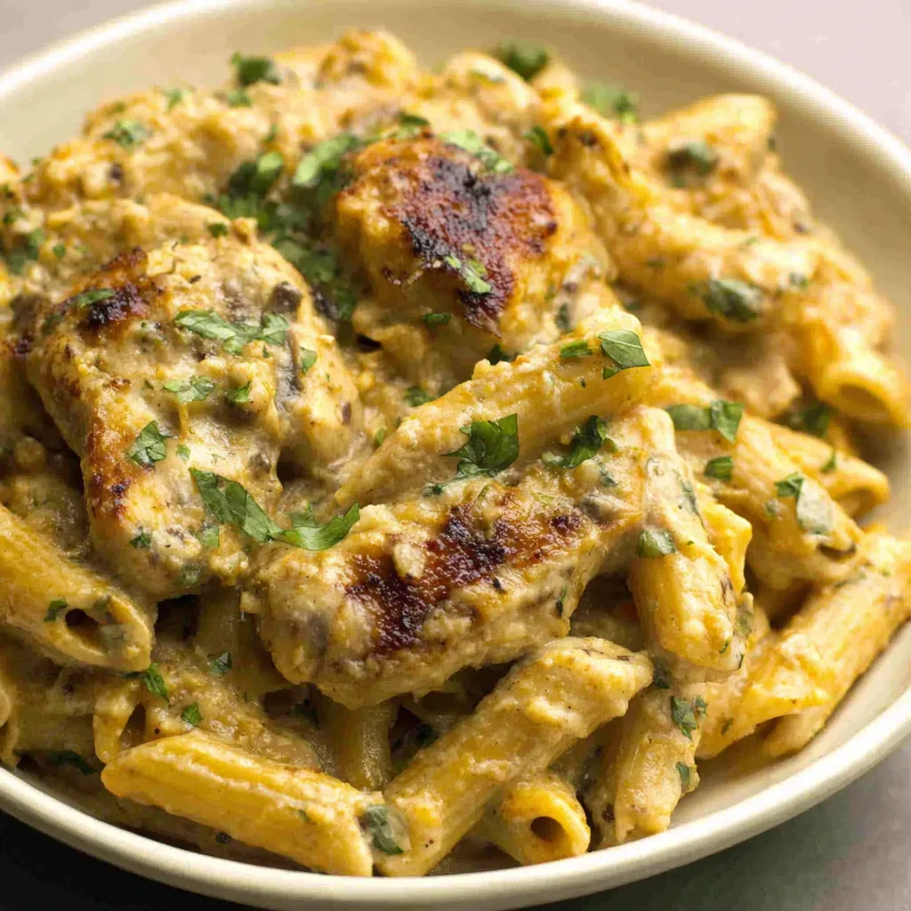 Creamy Parmesan Chicken Pasta Recipe Close-up of creamy Parmesan Chicken Pasta ready to be served, showcasing the tender chicken and perfectly cooked pasta.