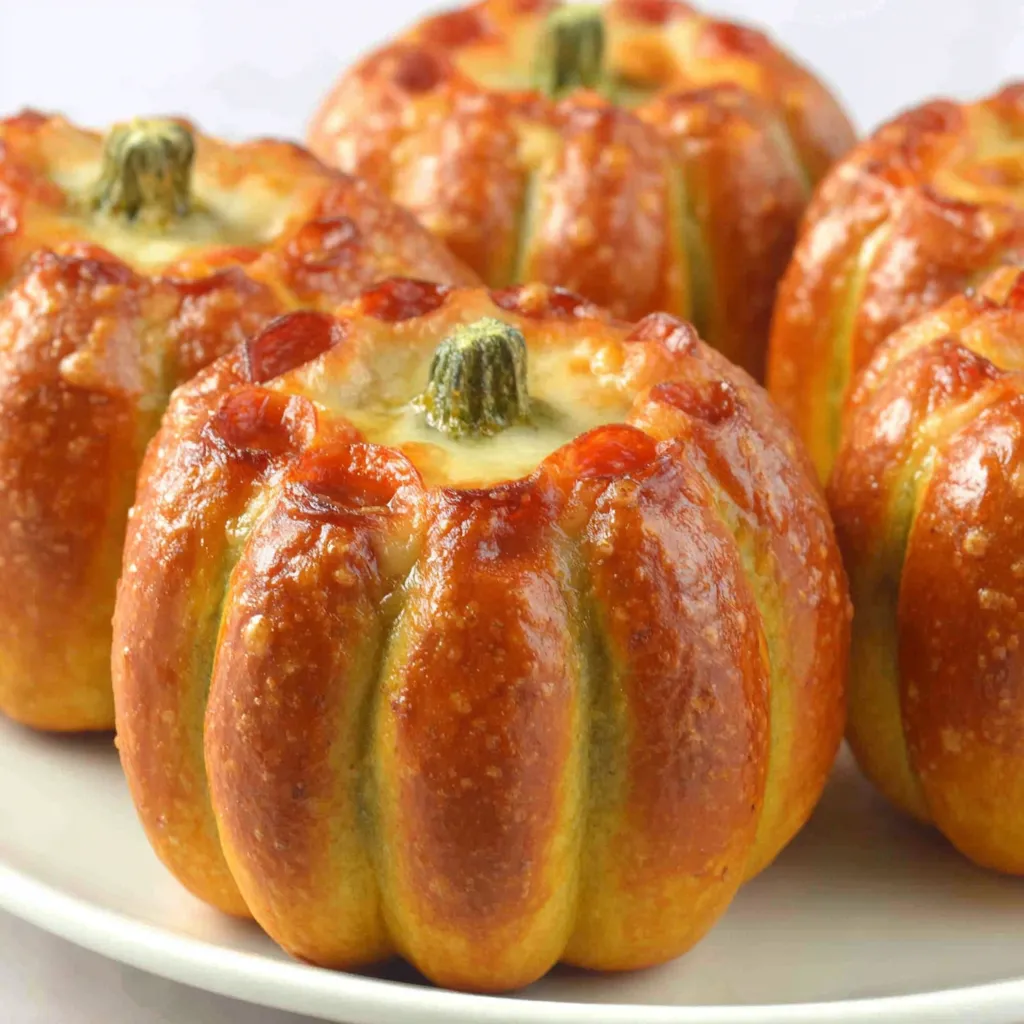 A close-up shows finished Pepperoni Pizza Pumpkins ready to be served, showcasing melted cheese and pepperoni slices on a pumpkin base.