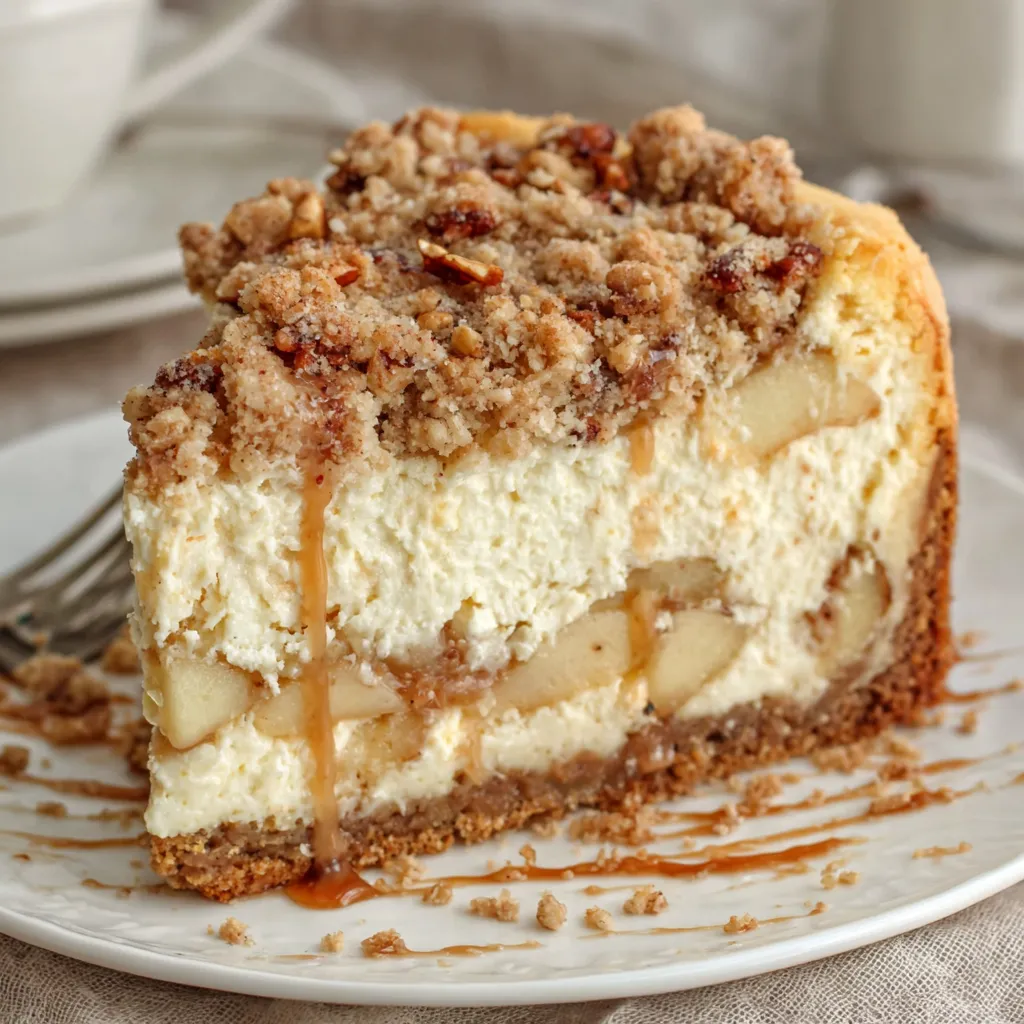 Close-up showing a slice of delicious homemade Apple Crumble Cheesecake with a golden brown crumble topping.
