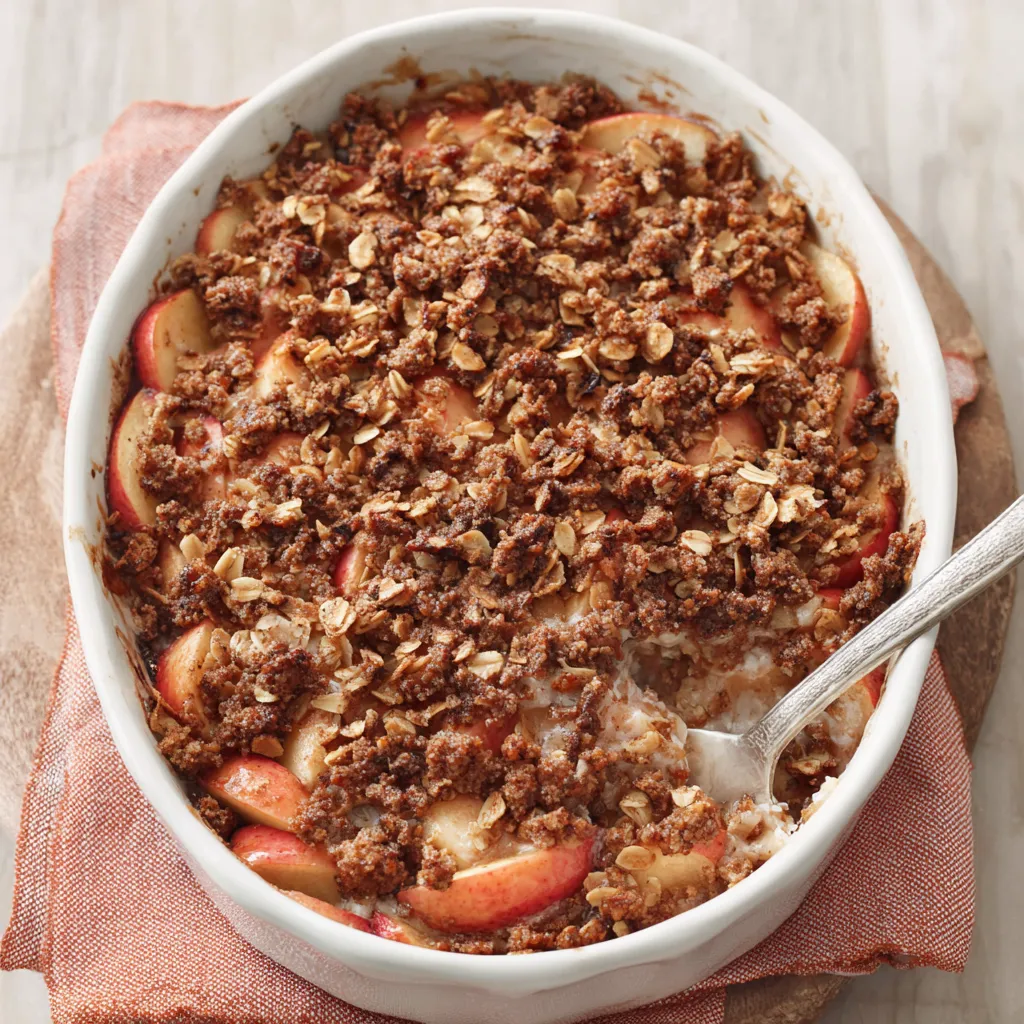 Close-up of a golden brown Apple Oatmeal Bake, showcasing its texture and delicious apple slices.