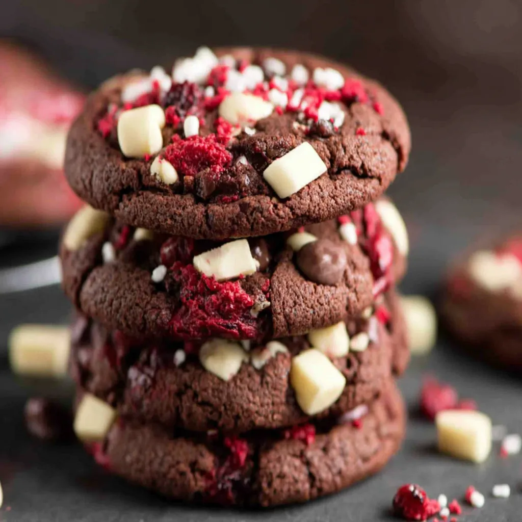 Black Forest Cookies Recipe Closeup Detailed view of freshly baked Black Forest Cookies showcasing their rich chocolate and cherry filling.