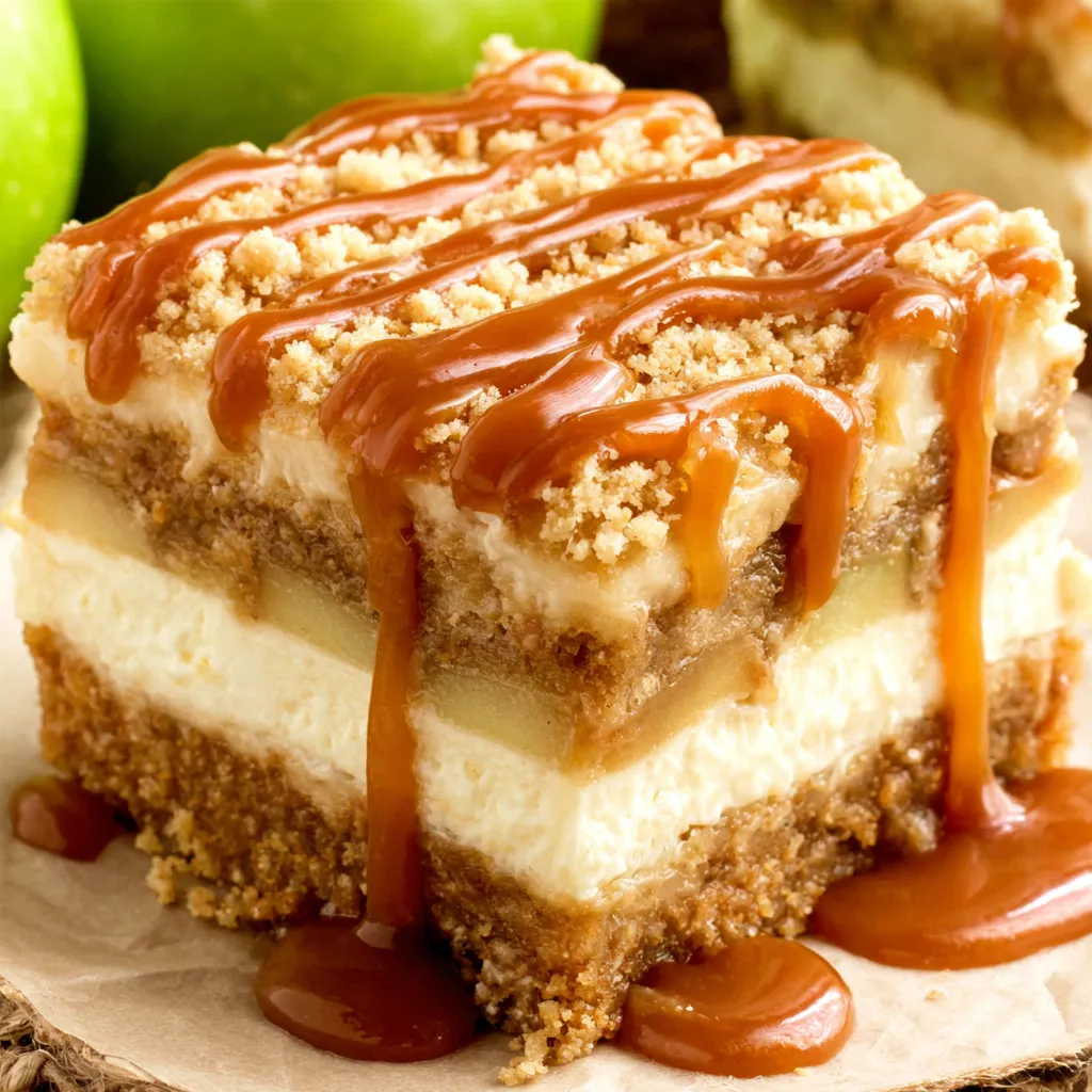 Close-up of delicious Caramel Apple Cheesecake Bars showcasing the layers of crust, cheesecake, apple filling, and caramel drizzle.