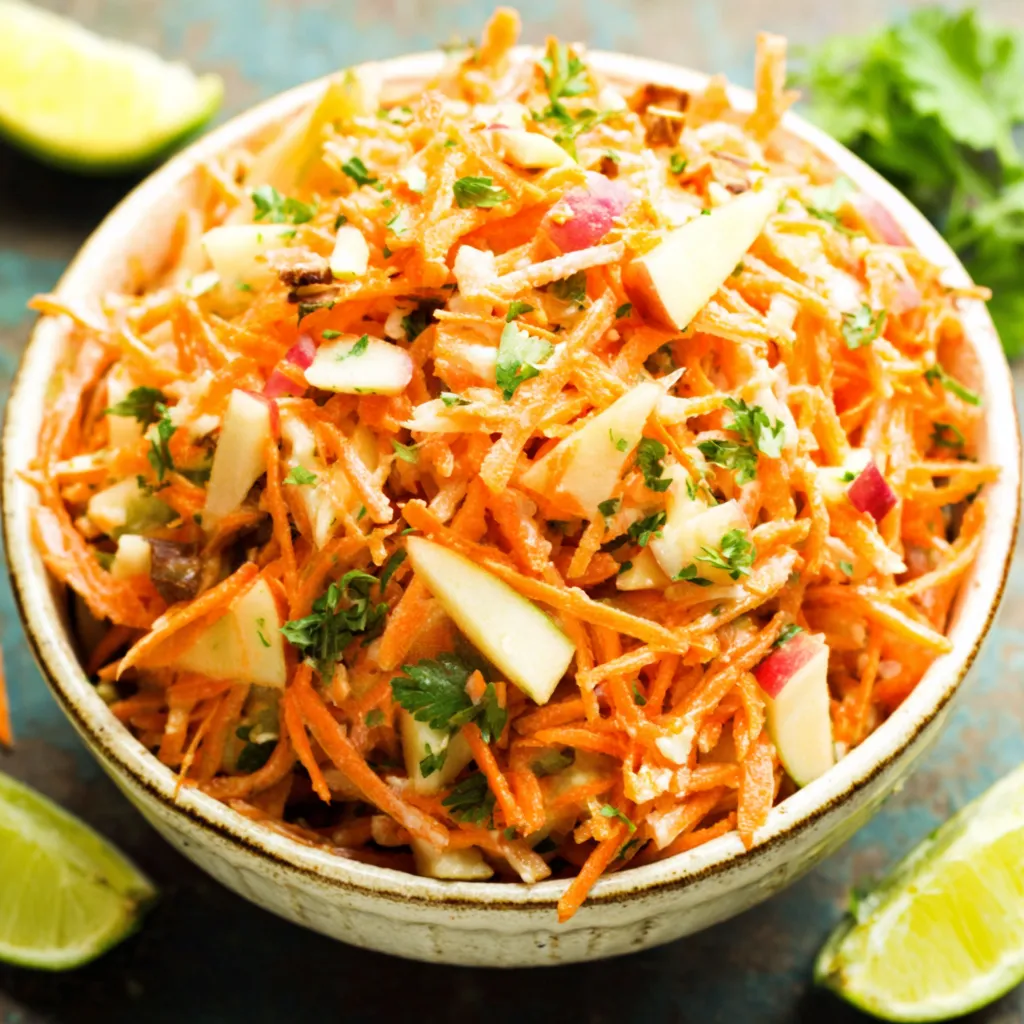 Close-up view of a colorful and fresh Carrot Apple Salad, ready to be served.