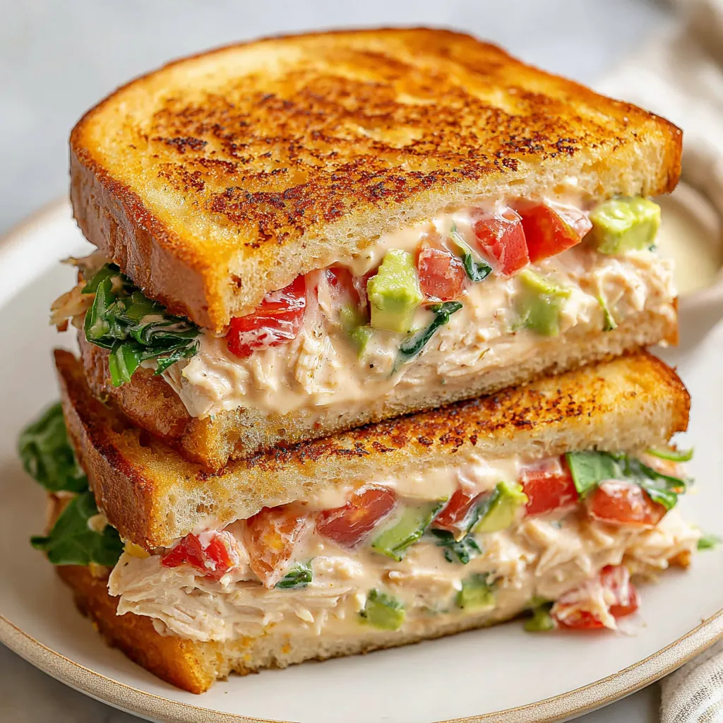Chicken Avocado Melt Sandwich Recipe A close-up shot showcasing the creamy avocado and melted cheese oozing from a delicious Chicken Avocado Melt Sandwich.