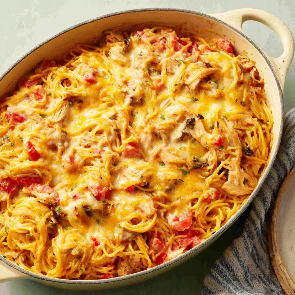 A close-up view of a freshly baked Chicken Spaghetti Casserole reveals its creamy sauce and golden-brown topping, ready to be served.
