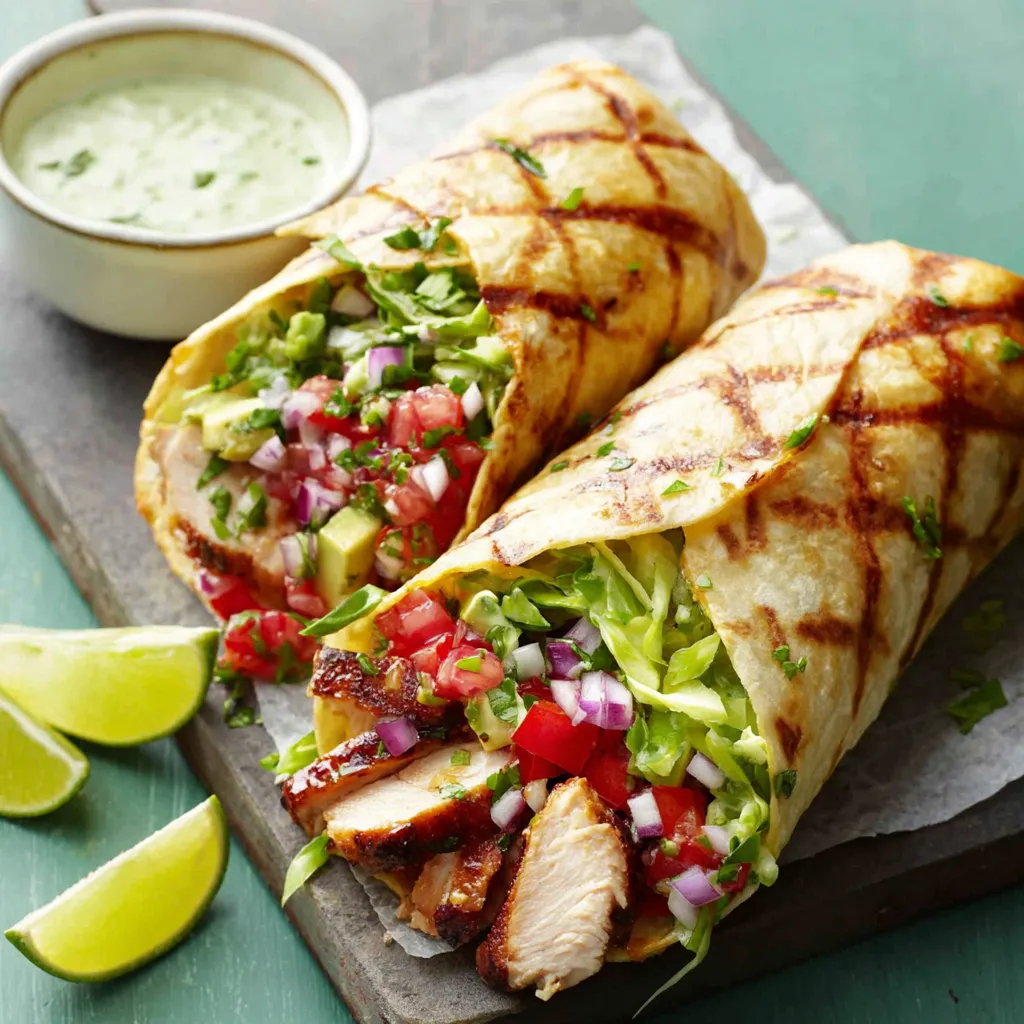 Chipotle Ranch Grilled Chicken Burrito A close-up view showcases the juicy, perfectly grilled chicken inside a delicious Chipotle Ranch Grilled Chicken Burrito, highlighting its flavorful ingredients.