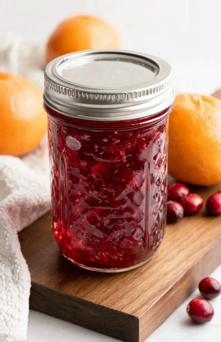 Close-up of vibrant red Christmas Cranberry Jam in a jar, ready to be enjoyed during the holiday season.