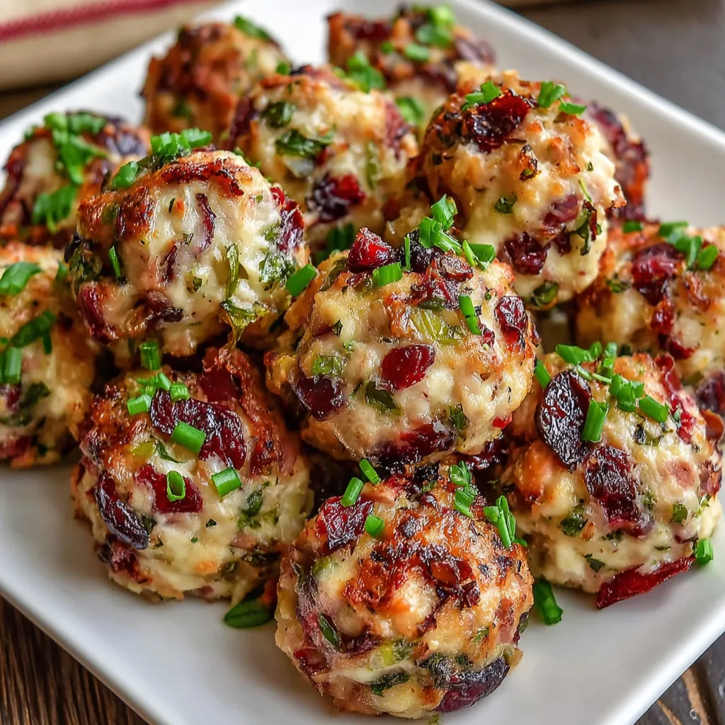 Cranberry Turkey Stuffing Bites Close-up shows delicious Cranberry Turkey Stuffing Balls arranged on a platter, perfect for holiday appetizers or a savory snack.