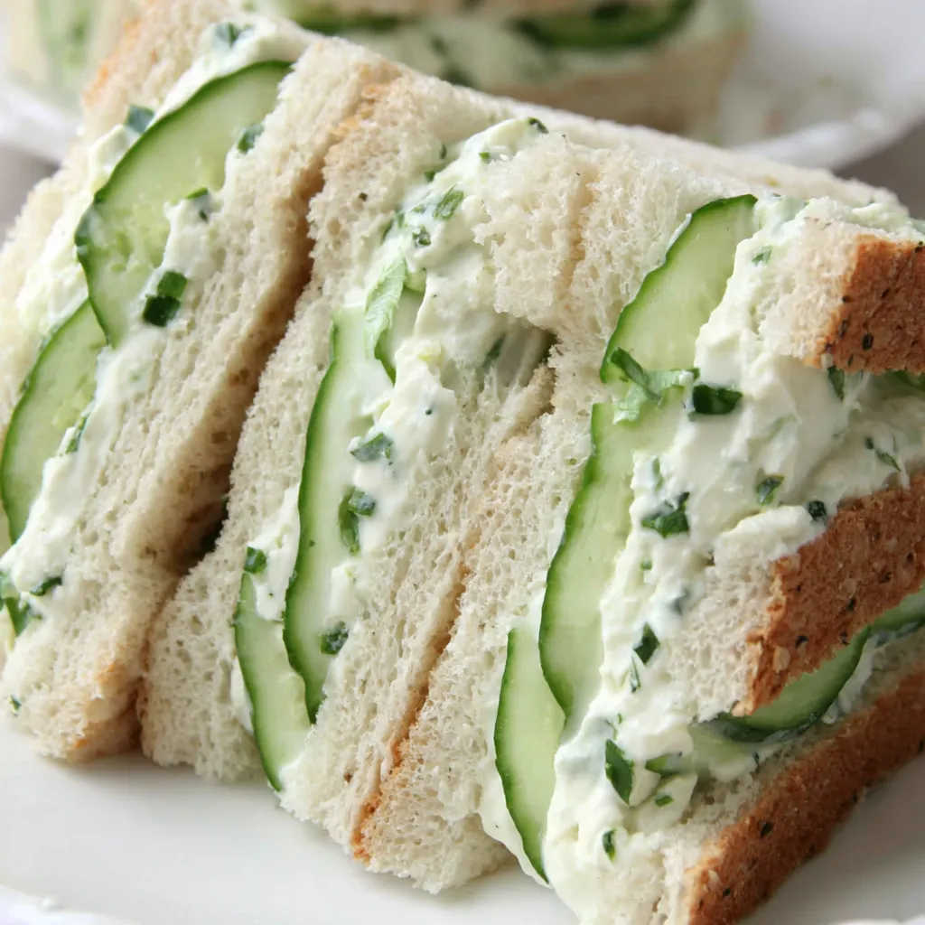 Creamy Cucumber Salad Sandwich Closeup Close-up of delicious Cucumber Salad Sandwiches ready to be served, highlighting the creamy filling and fresh cucumbers.