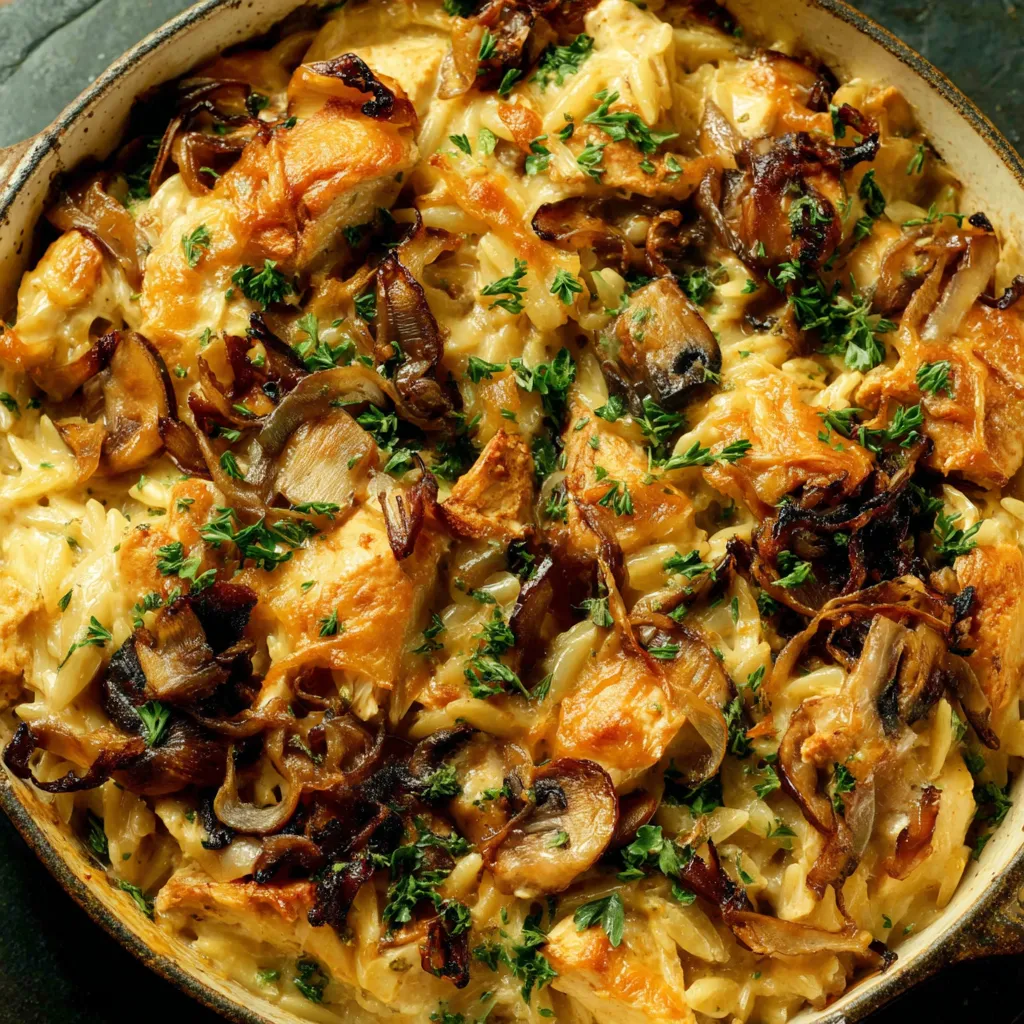 Close-up view of a freshly baked French Onion Chicken Orzo Casserole, showcasing its golden-brown crust and creamy interior.