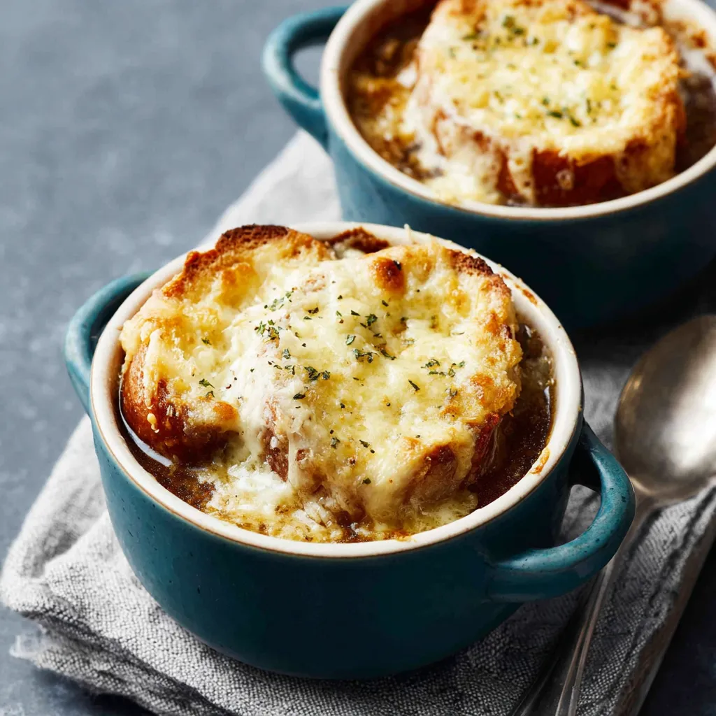 Classic French Onion Soup Recipe A close-up showing another delicious serving of French Onion Soup, highlighting the melted cheese and crusty bread.