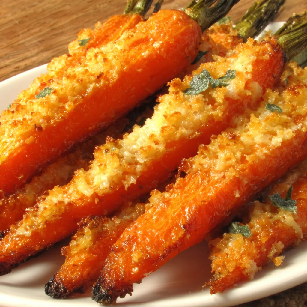 Garlic Parmesan Carrots Closeup Close-up of vibrant orange Garlic Parmesan Carrots, showcasing their cheesy, flavorful coating and tender texture.