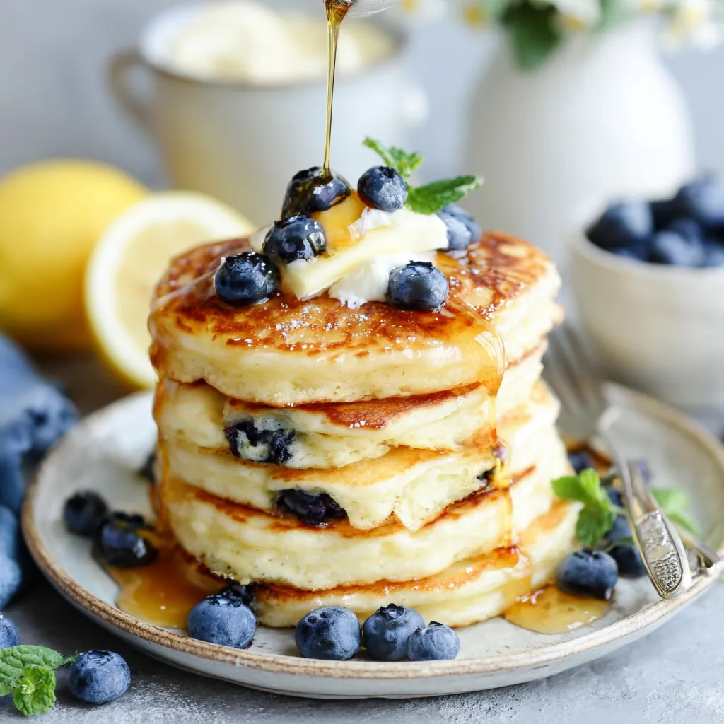 Fluffy Lemon Ricotta Pancakes Stack Fluffy Lemon Ricotta Pancakes are stacked on a plate, showcasing their golden-brown color and light texture.