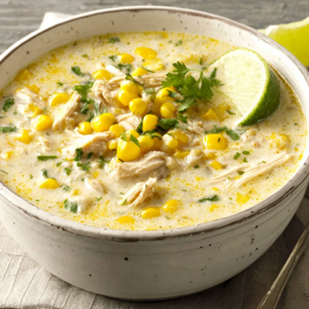 Close-up of a creamy bowl of Mexican Street Corn White Chicken Chili, showcasing its delicious texture and colorful toppings.