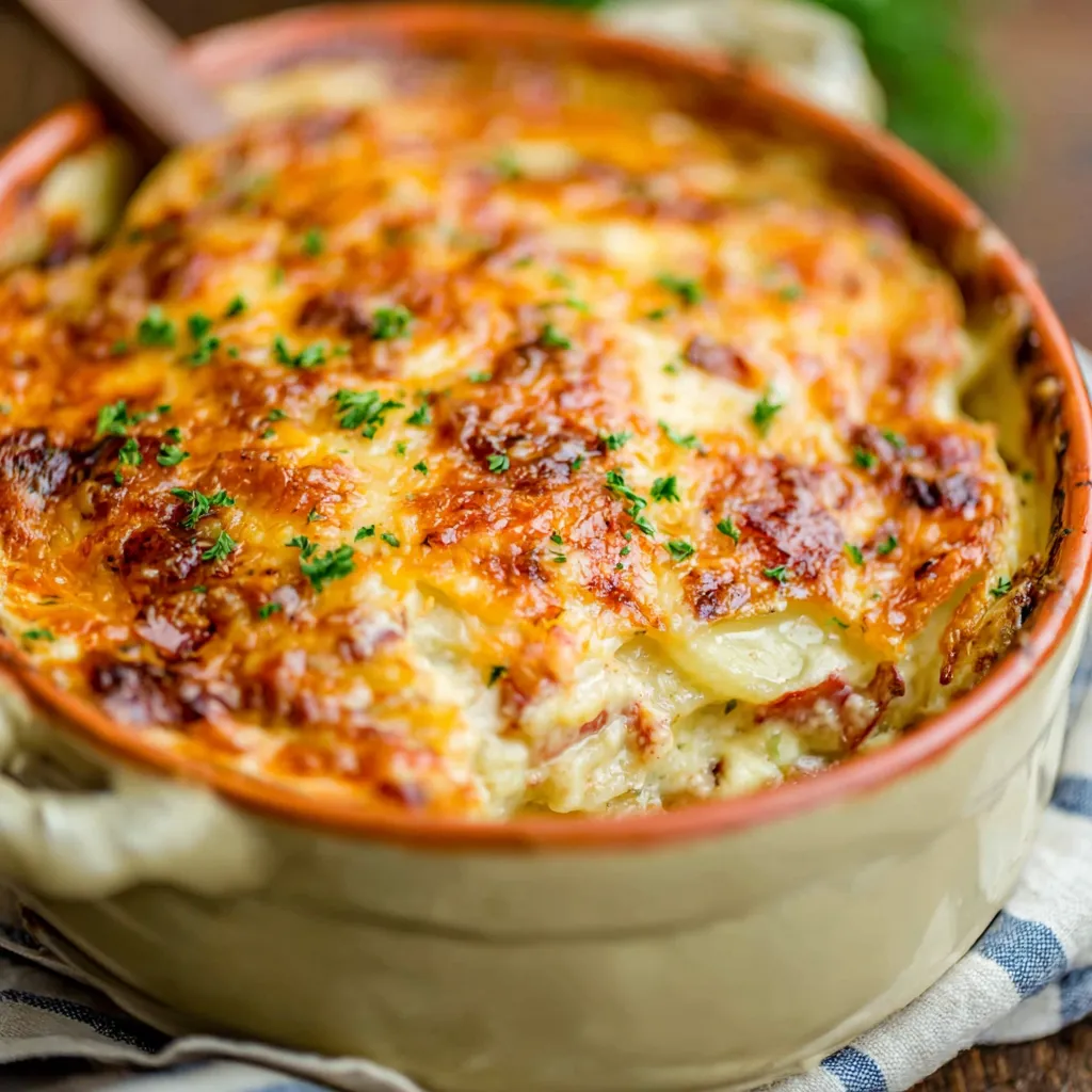 A close-up view of creamy Parmesan Scalloped Potatoes, showcasing the golden-brown, cheesy topping.