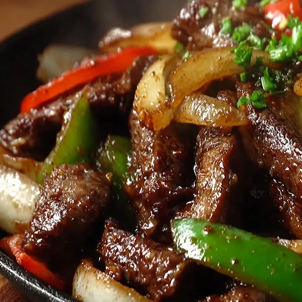 Savory Pepper Steak & Onions Close-up shot of delicious Pepper Steak With Onions, showcasing the juicy steak and caramelized onions.