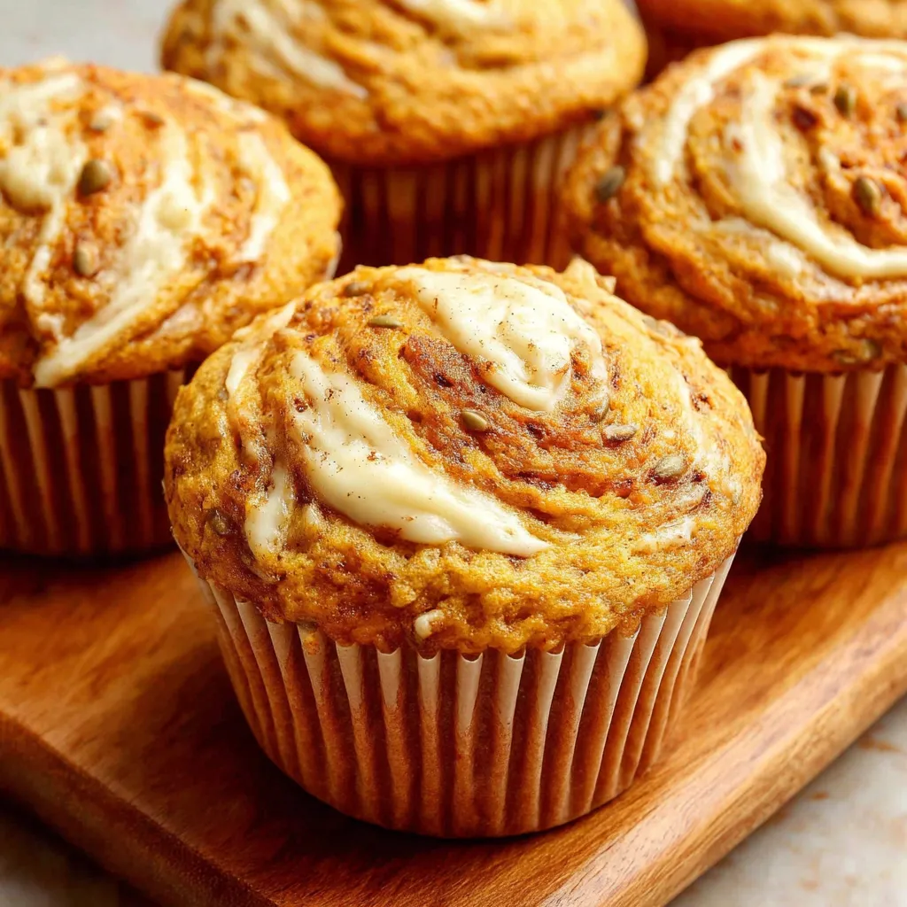 Close-up of freshly baked Pumpkin Cream Cheese Swirl Muffins showcasing the creamy swirl and golden-brown top.