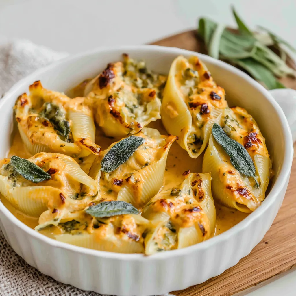 Pumpkin Gouda Stuffed Shells Recipe Close-up shot of creamy Pumpkin Gouda Stuffed Shells, showcasing the rich, cheesy filling.