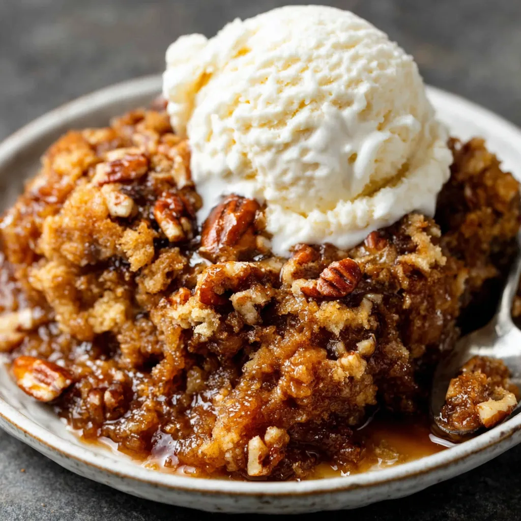 Close-up shot of a delicious Pumpkin Pecan Cobbler, showcasing its golden-brown topping and warm, inviting filling.