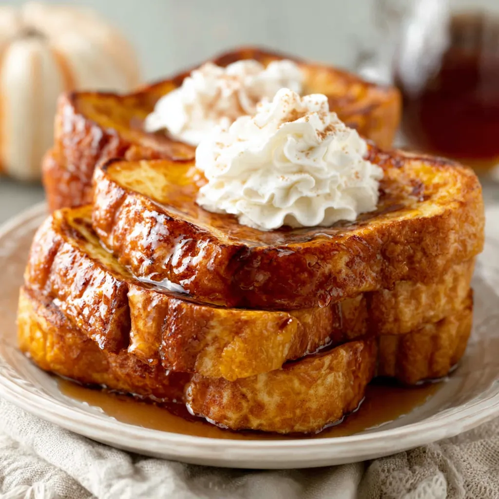 Close-up shot of golden-brown Pumpkin Spice French Toast slices, topped with whipped cream and a sprinkle of spice, ready to be enjoyed.
