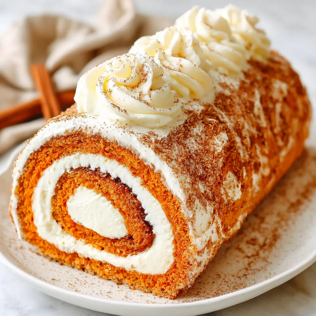 Pumpkin Spice Roll Cake Slice Close-up view of a slice of homemade Pumpkin Spice Roll Cake, showcasing its swirl pattern and creamy filling.