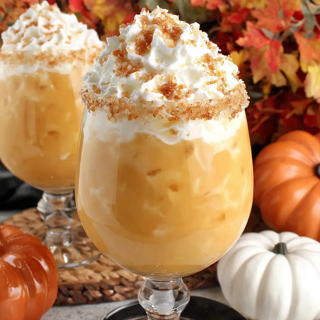 Pumpkin White Russian Cocktail Recipe Close-up shot of a creamy Pumpkin White Russian cocktail, showcasing its festive autumn color and texture.