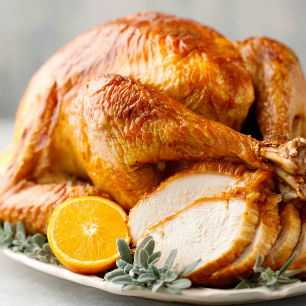 Close-up shot of a perfectly browned Roast Turkey, ready to be carved and served for a delicious holiday meal.