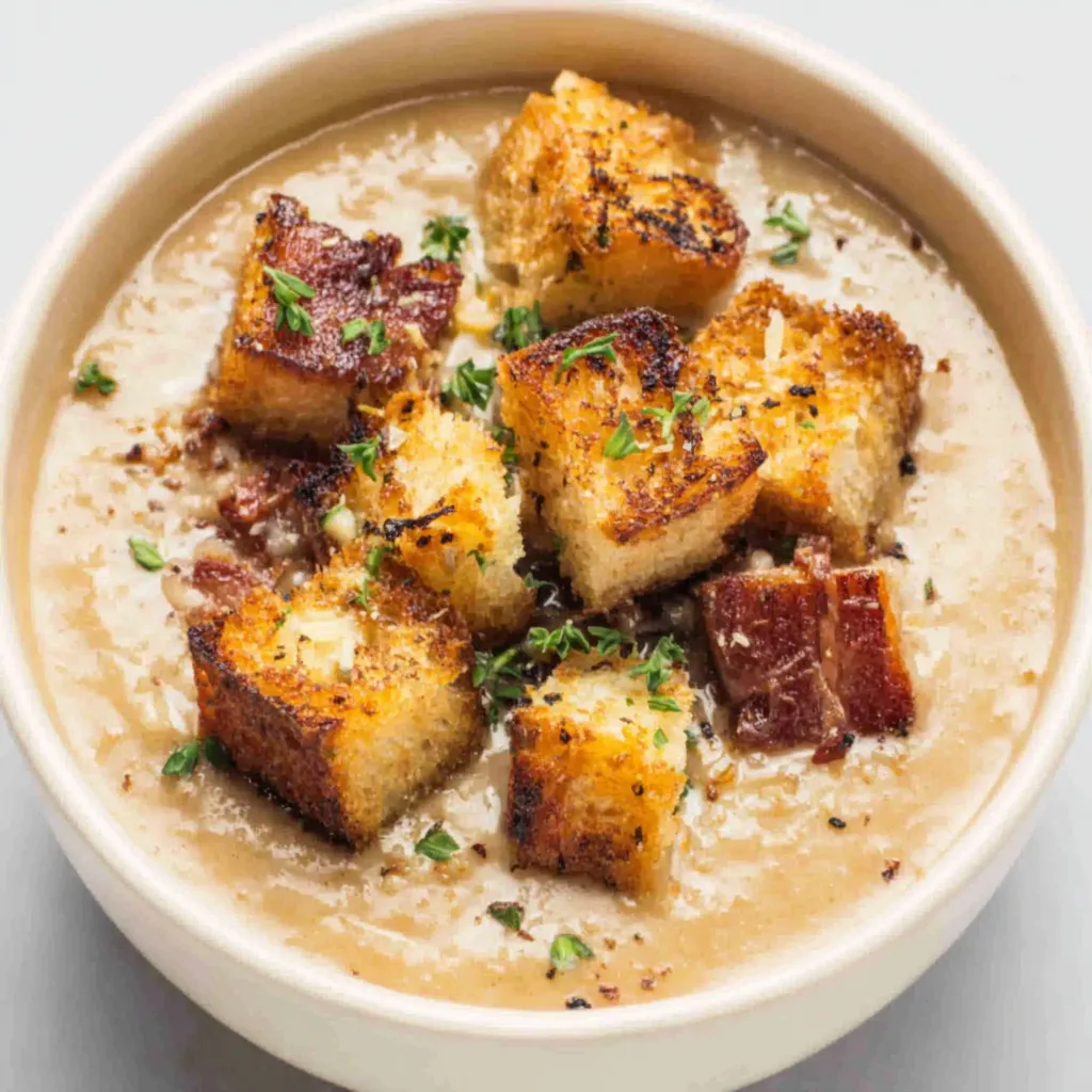 Creamy Roasted Garlic Soup Recipe Close-up of creamy Roasted Garlic Soup in a white bowl, showcasing its rich texture and garnish.