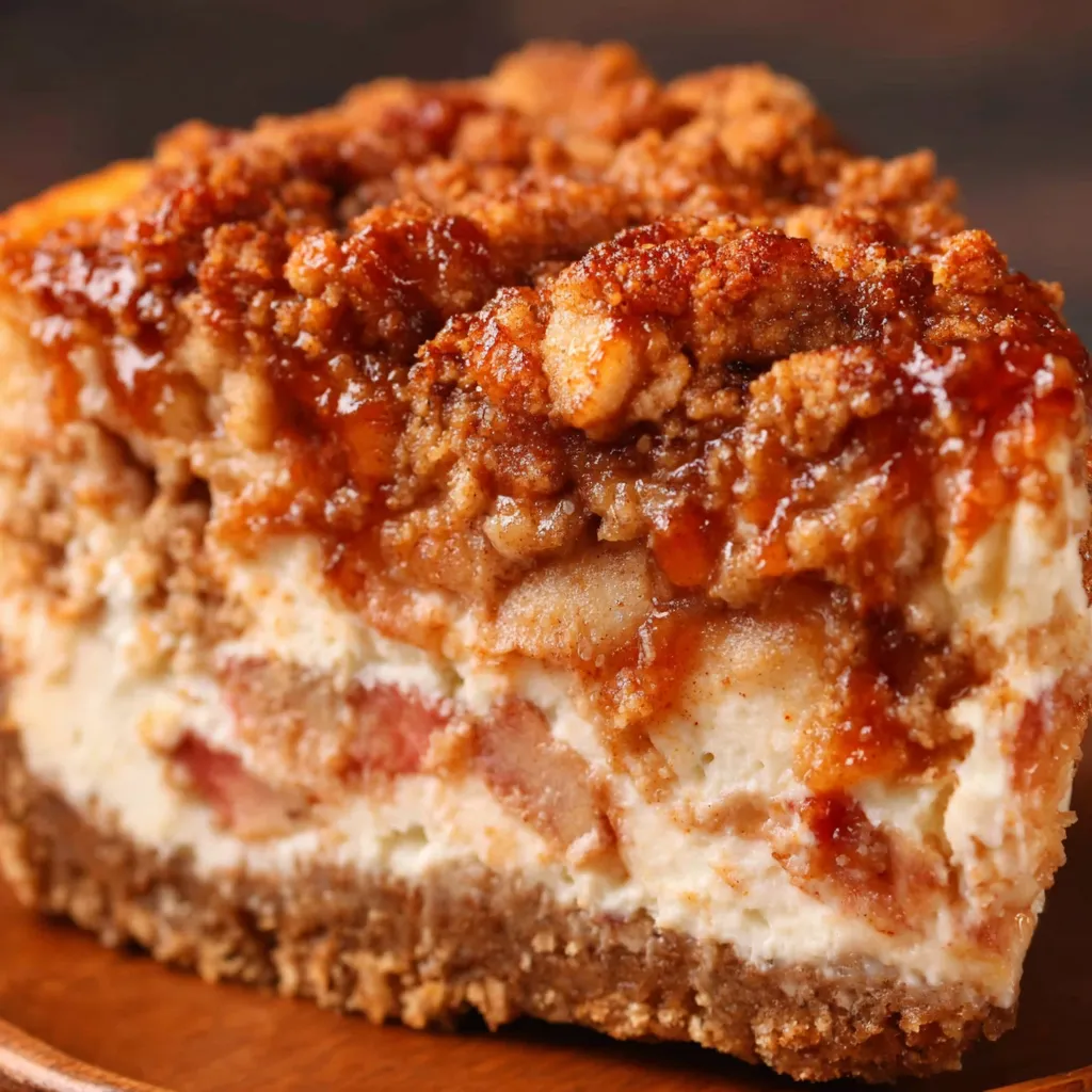 Close-up view of a delicious slice of Salted Caramel Apple Pie Cheesecake, showcasing its layers and creamy texture.