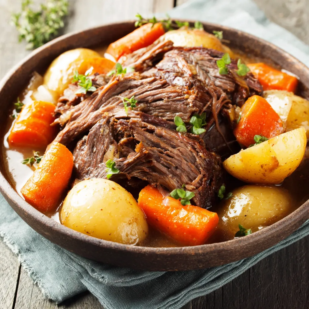 Tender Pot Roast Second Serving Close-up shows a hearty, homemade Pot Roast, ready to be served.