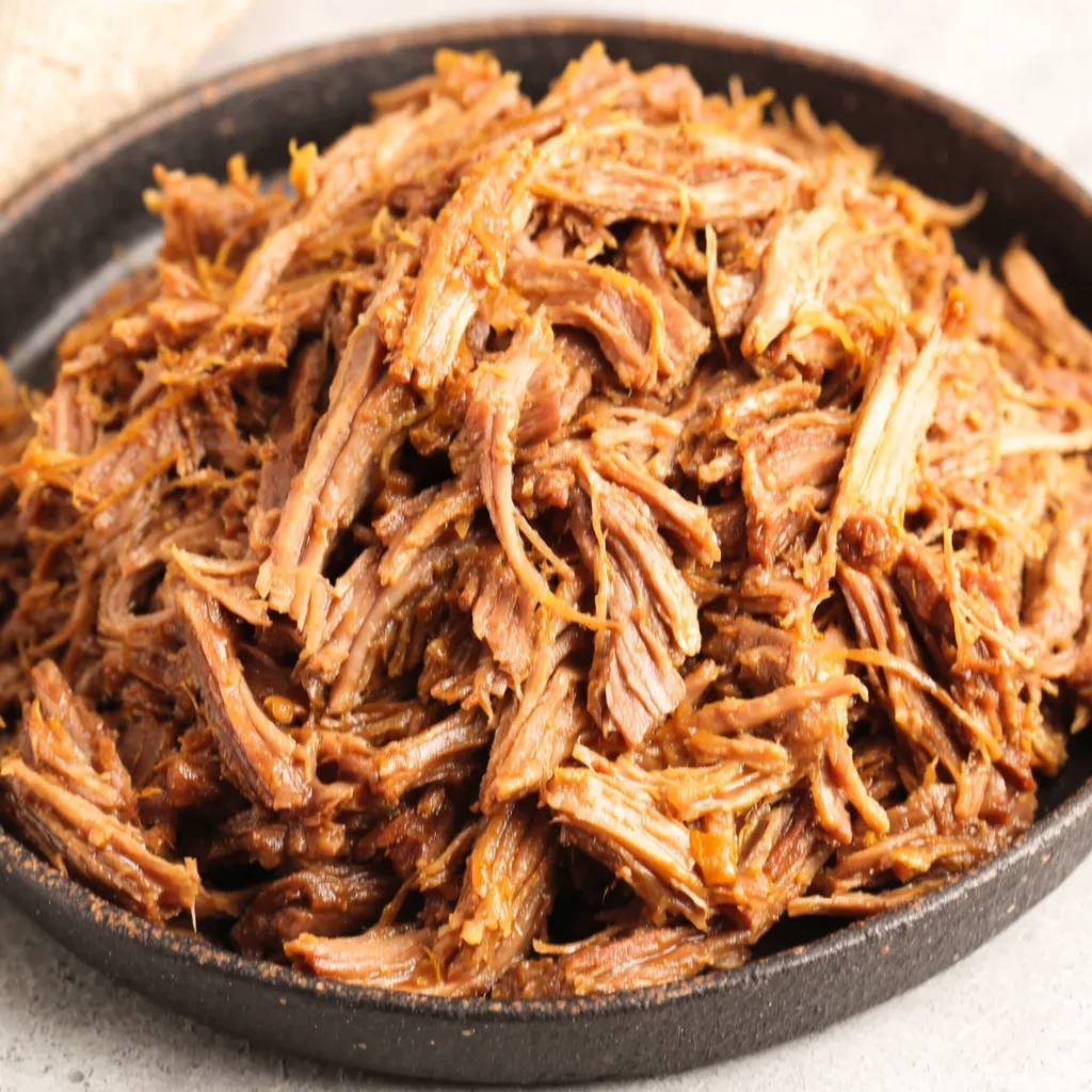Slow Cooker Beef Onion Gravy Close Up Close-up shot of delicious Slow Cooker Pulled Beef Onion Gravy served, showcasing its tender, shredded texture and rich, savory sauce.