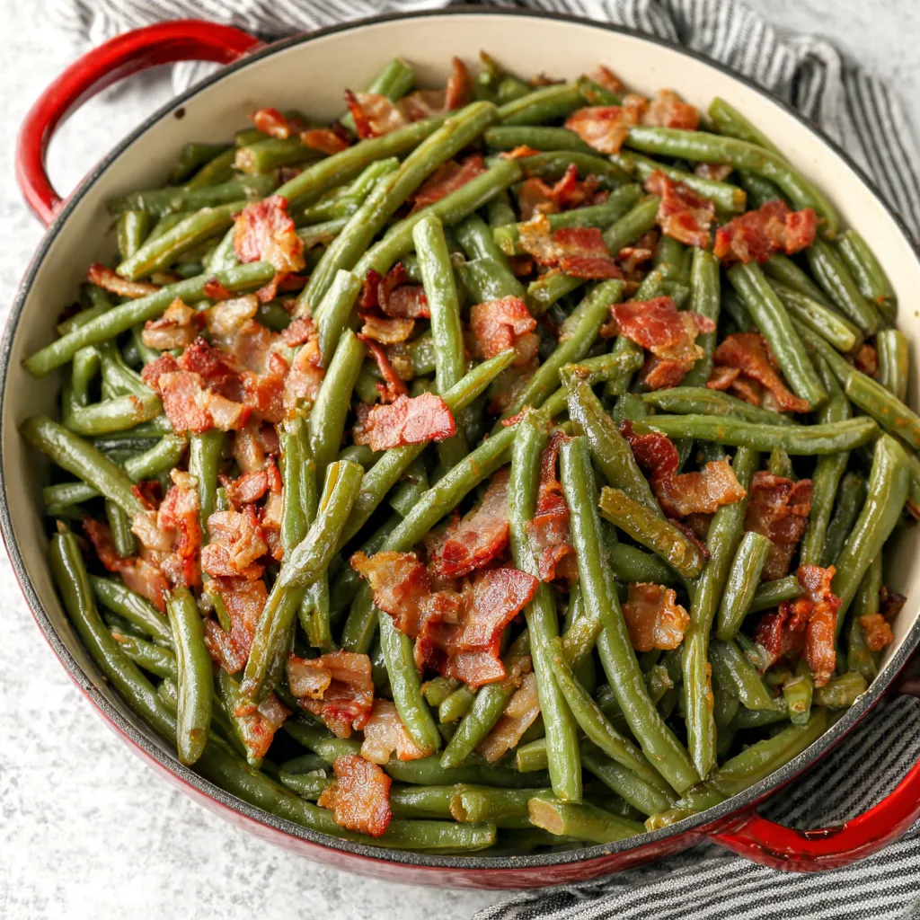 Southern Green Beans Recipe A close-up shows a serving of delicious Southern Green Beans, showcasing their tender texture and savory flavor.