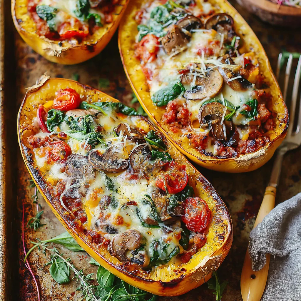 Stuffed Spaghetti Squash Recipe Close-up of a halved, baked Stuffed Spaghetti Squash filled with a savory mixture.