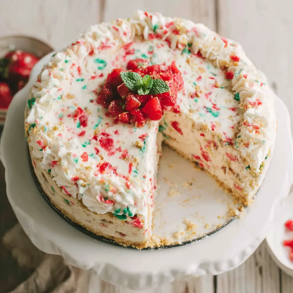 Close-up view of a slice of creamy Sugar Cookie Cheesecake, showcasing its layers and texture.