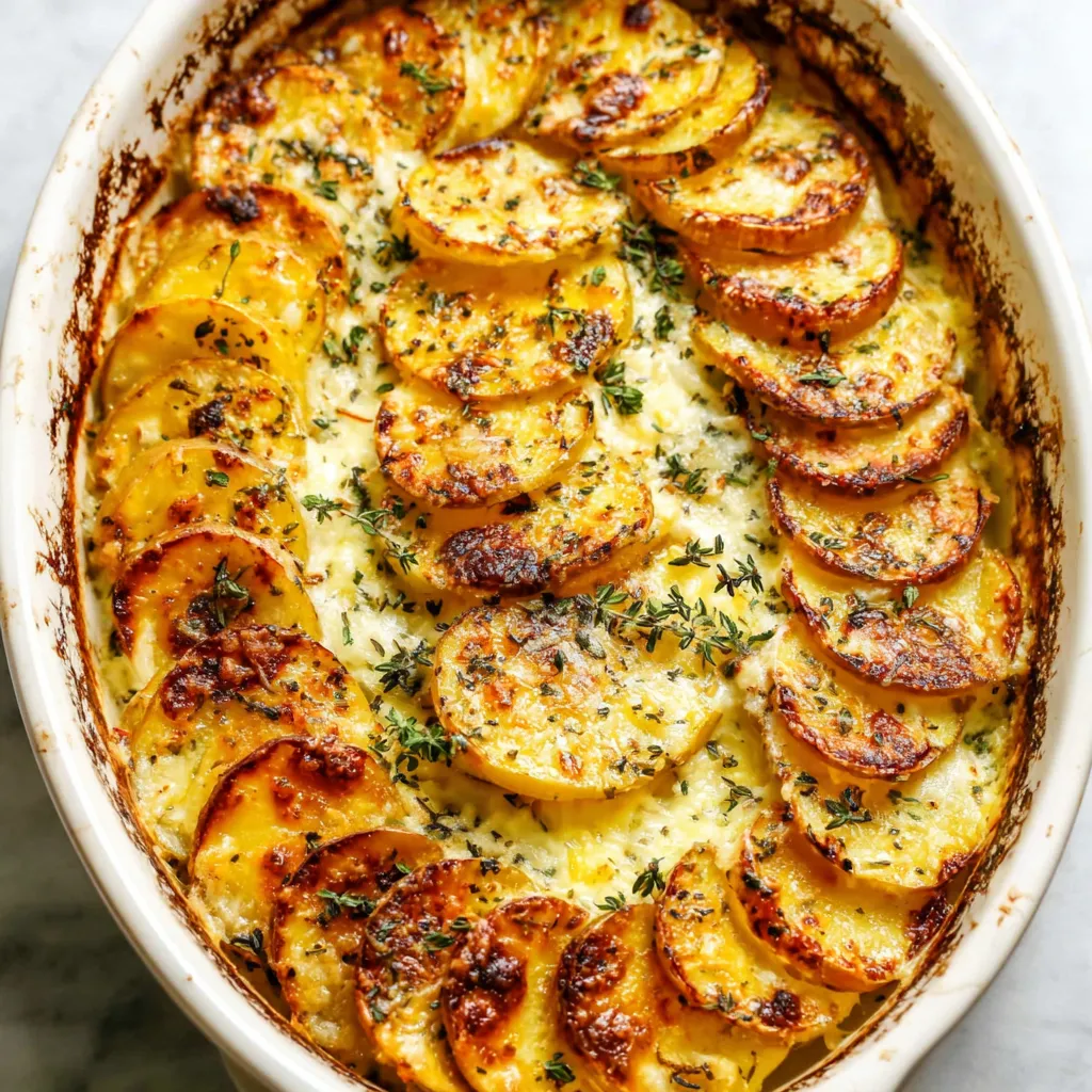 Creamy Potatoes Au Gratin Recipe Close-up shot of creamy and cheesy Potatoes Au Gratin, showcasing the golden-brown top and layers of sliced potatoes.