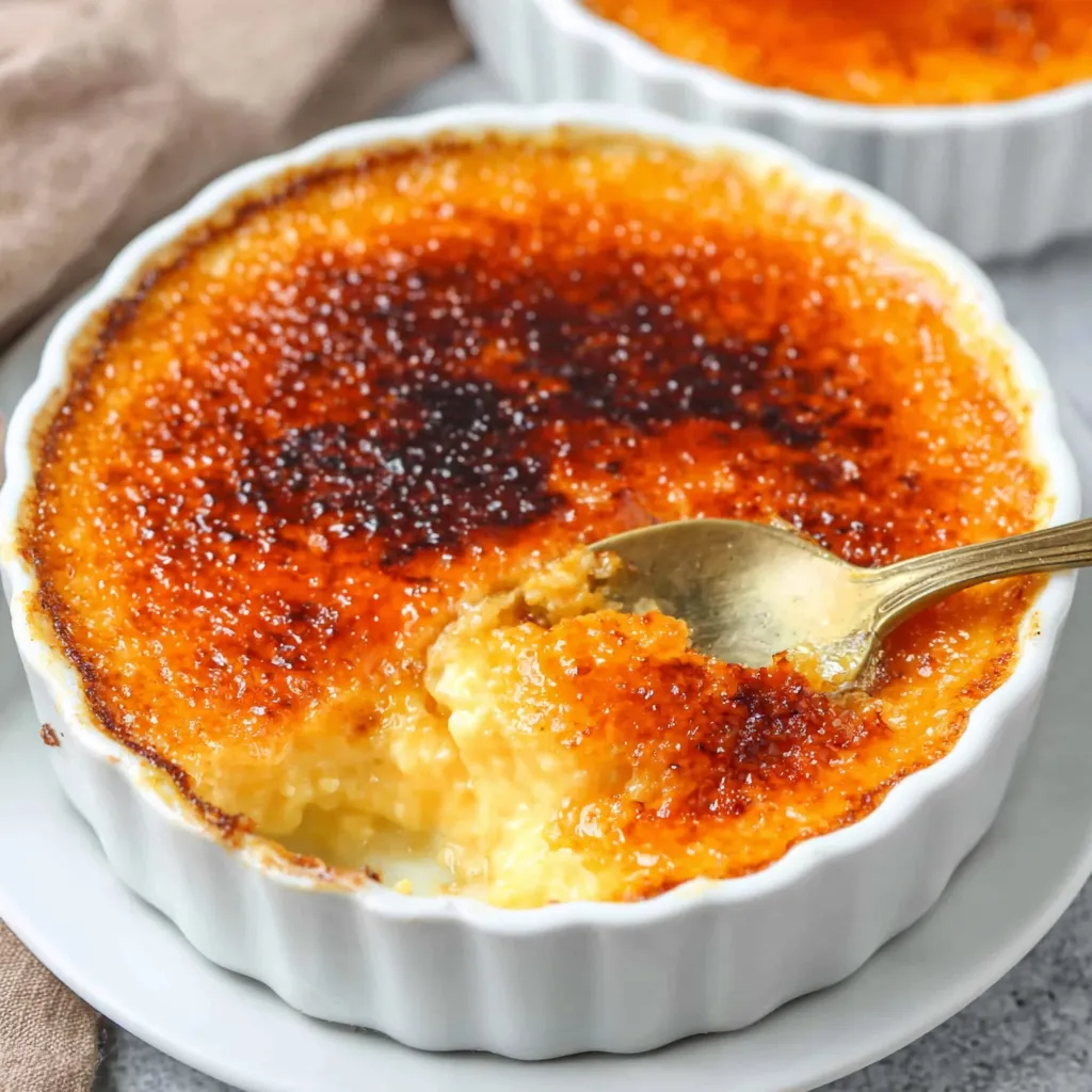 Close-up of a creamy and decadent Pumpkin Crème Brûlée dessert, showcasing its smooth texture and caramelized sugar crust.