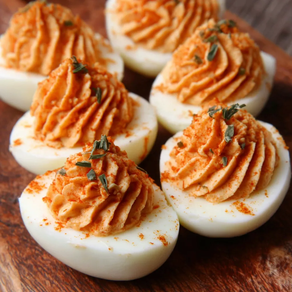 Close-up view of prepared Pumpkin Patch Deviled Eggs, decorated to look like pumpkins, in an article about festive fall appetizers.