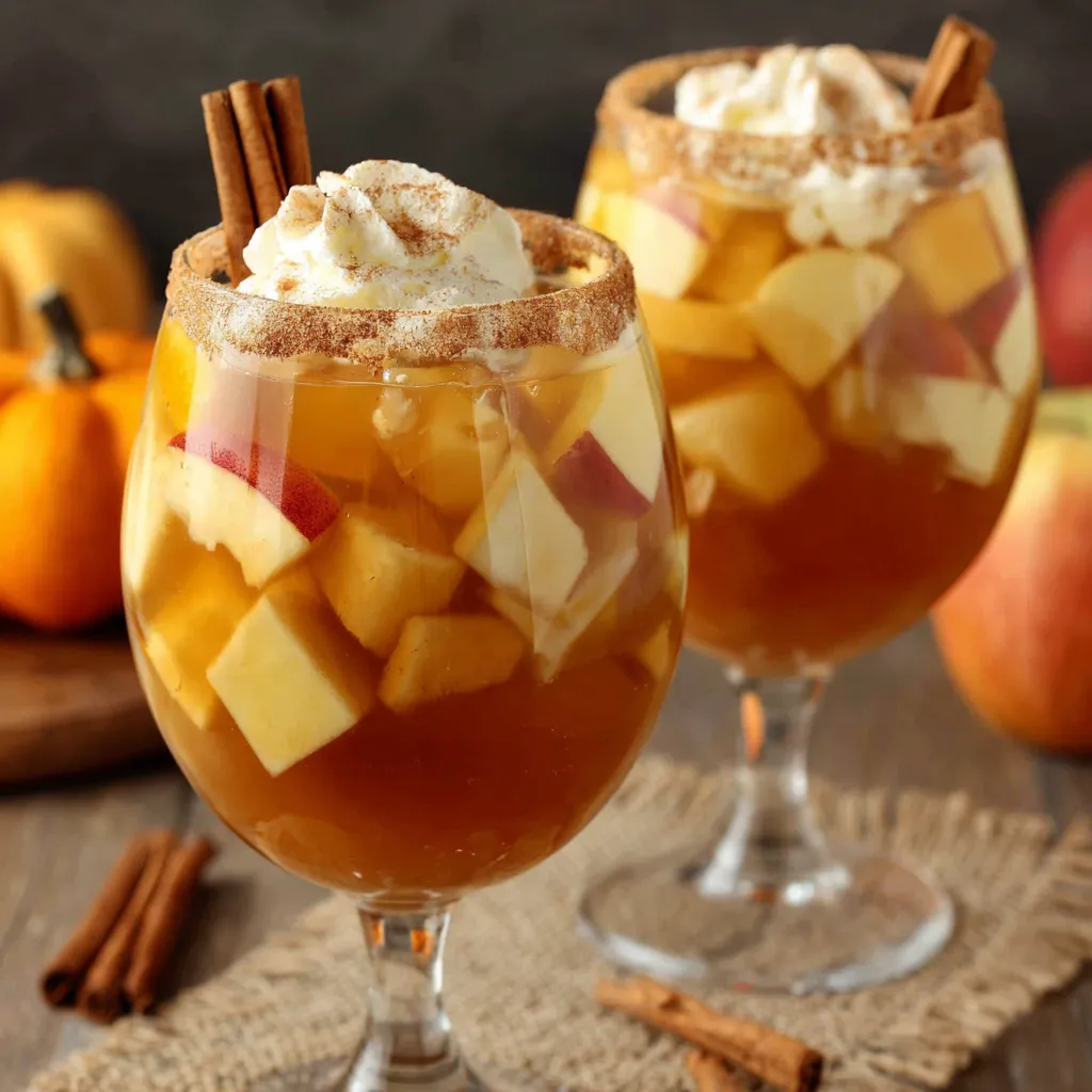 A close-up shot showcases the vibrant colors and festive garnishes of a glass of Pumpkin Spice Fireball Sangria.