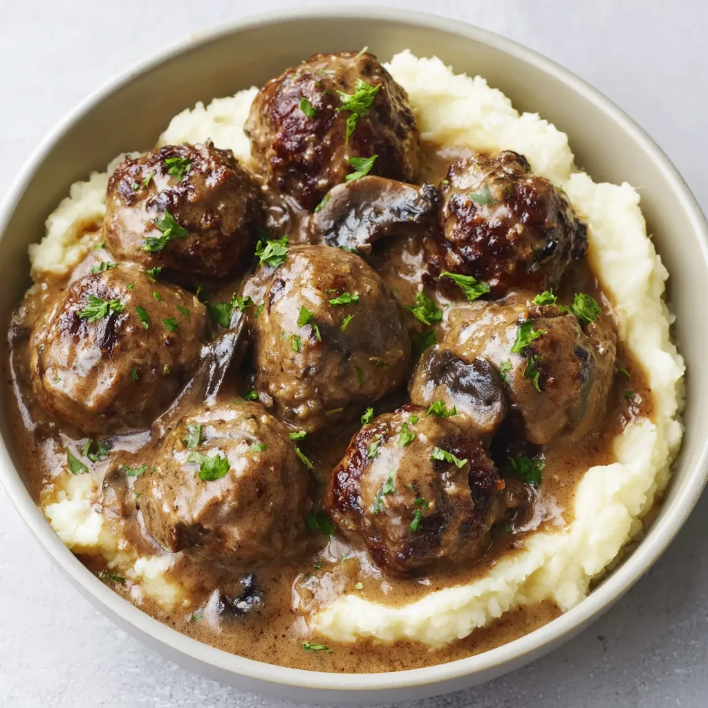 Salisbury Steak Meatballs Recipe Close-up view of juicy Salisbury Steak Meatballs served as a comforting meal.