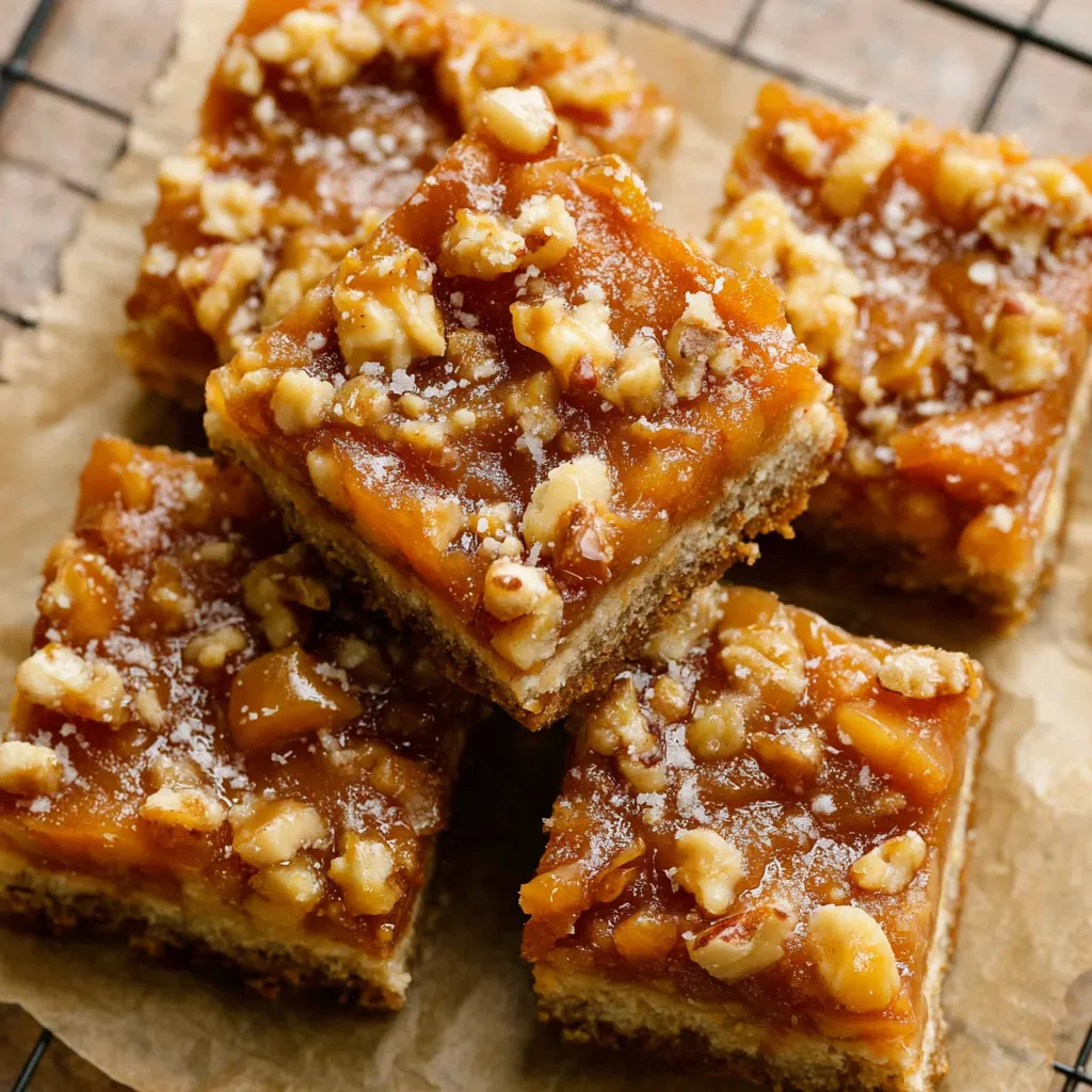 Salted Caramel Apple Bars Recipe Close-up of freshly baked Salted Caramel Apple Bars, showing the layers of crust, apple filling, and caramel drizzle.