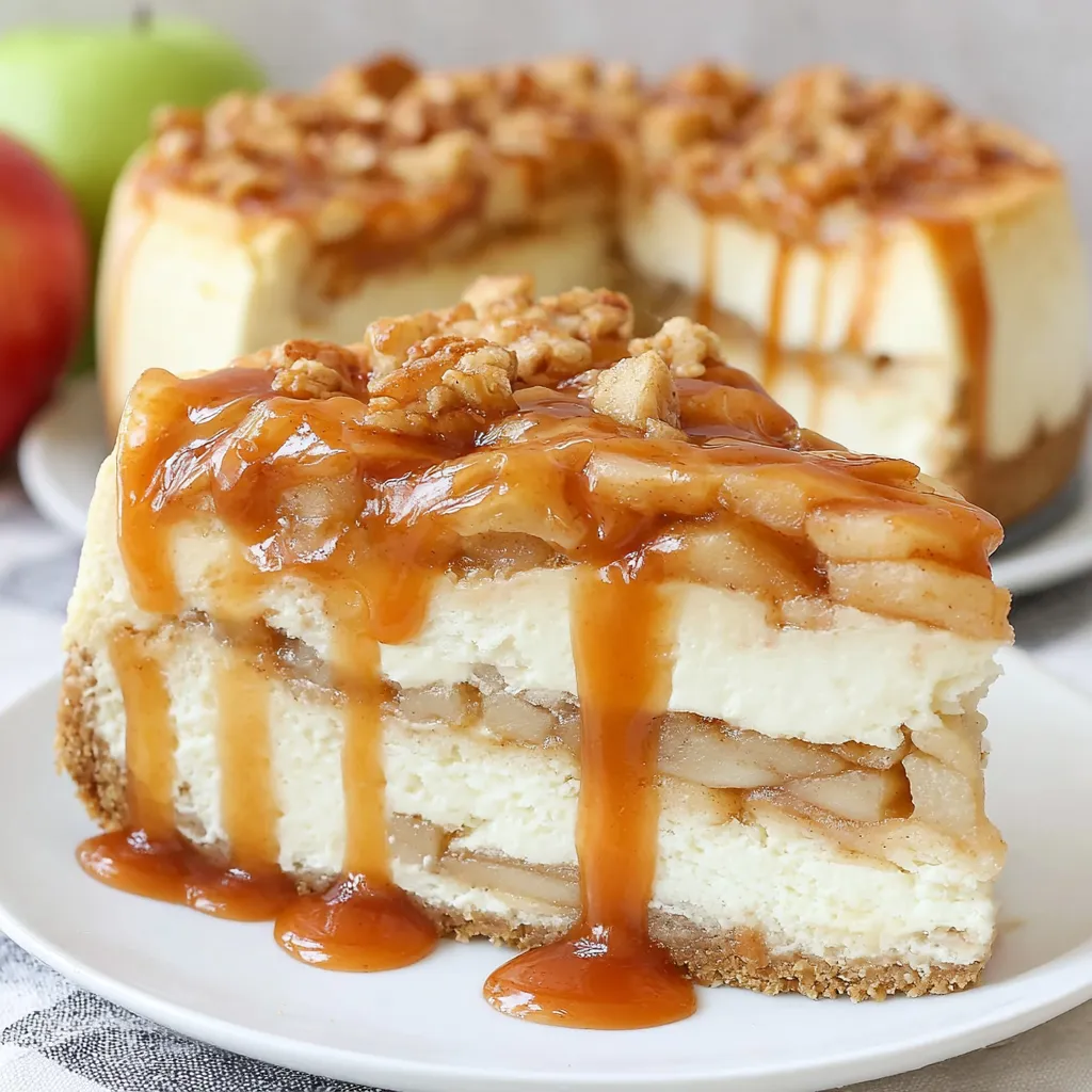 A slice of Salted Caramel Apple Pie Cheesecake is shown, highlighting its layered texture and decadent toppings.