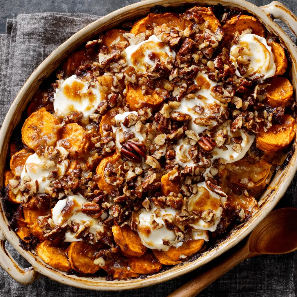 Southern Maple Sweet Potato Casserole Recipe Close-up shot of a delicious Southern Maple Sweet Potato Casserole, showcasing its creamy texture and golden-brown topping.