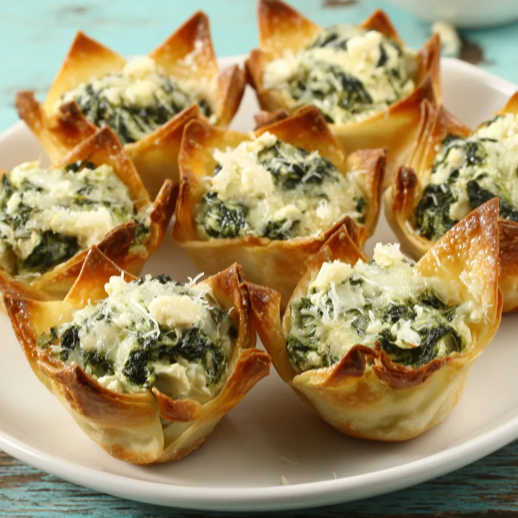 Spinach Artichoke Wonton Cups Recipe Close-up of savory Spinach Artichoke Wonton Cups, showcasing their golden-brown shells and creamy filling.
