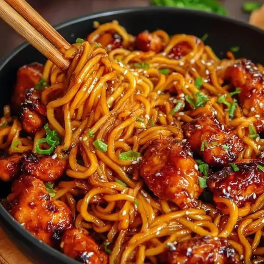 Sticky Garlic Chicken Noodles Recipe Close-up shot shows a delicious serving of Sticky Garlic Chicken Noodles with visible garlic and chicken pieces.