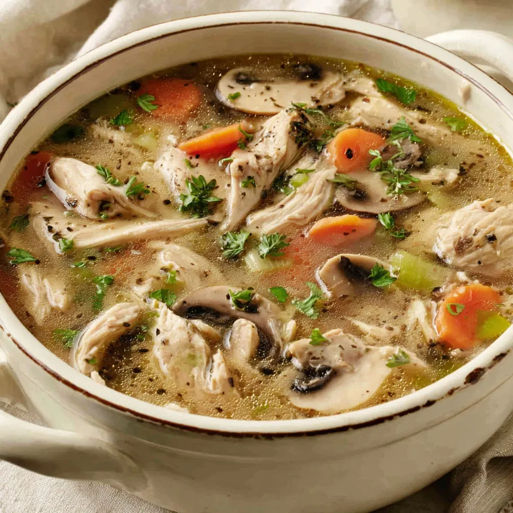 Creamy Chicken Mushroom Soup Bowl A close-up shows a creamy and comforting bowl of Chicken Mushroom Soup, highlighting the tender chicken and savory mushrooms.