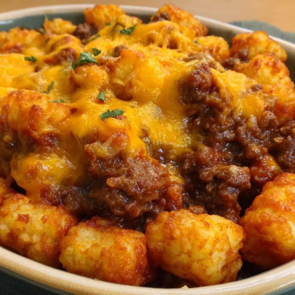 Close-up view of a freshly baked Chili Cheese Tater Tot Casserole, showcasing its cheesy topping and crispy tater tots.