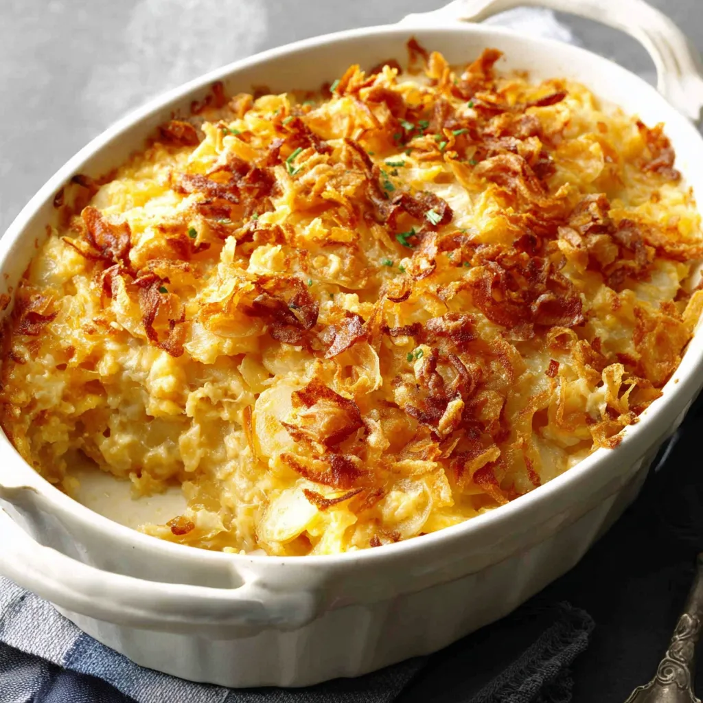 A close-up view showcases a delicious pan of bubbling French Onion Potatoes Au Gratin, ready to be served.